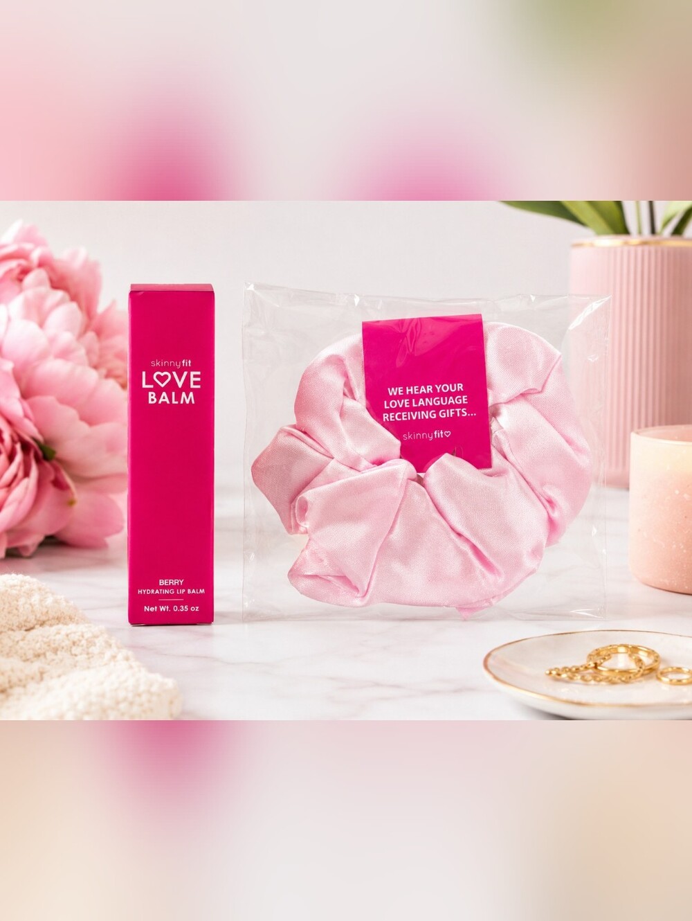 SkinnyFit Love Balm Berry Hydrating Lip Balm + Pink Satin Scrunchie Gift Set NIP